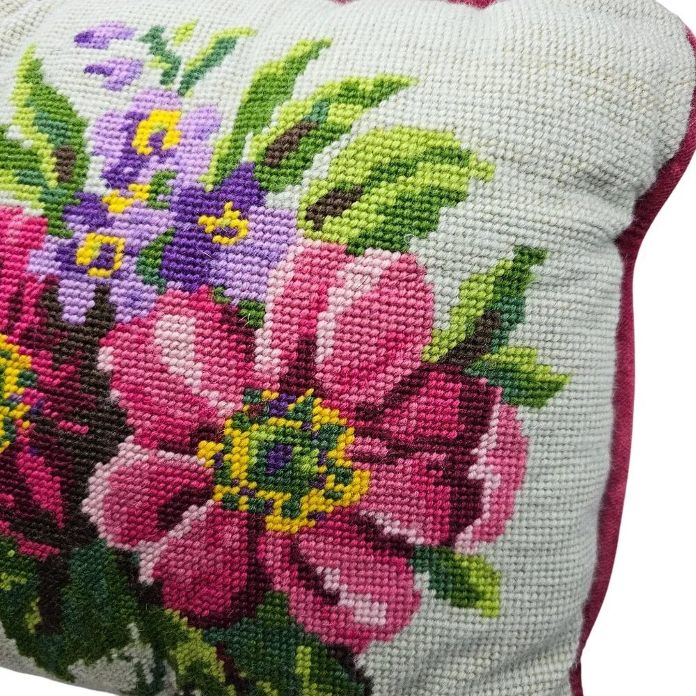 Vintage Floral Needlepoint Throw Pillow With Velvet Backing 11